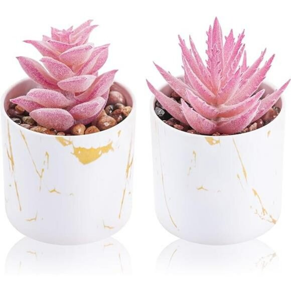 Set of 2 Mini Fake Succulent Plants Pink Desk Decor Small Artificial Potted Plan - Picture 7 of 7